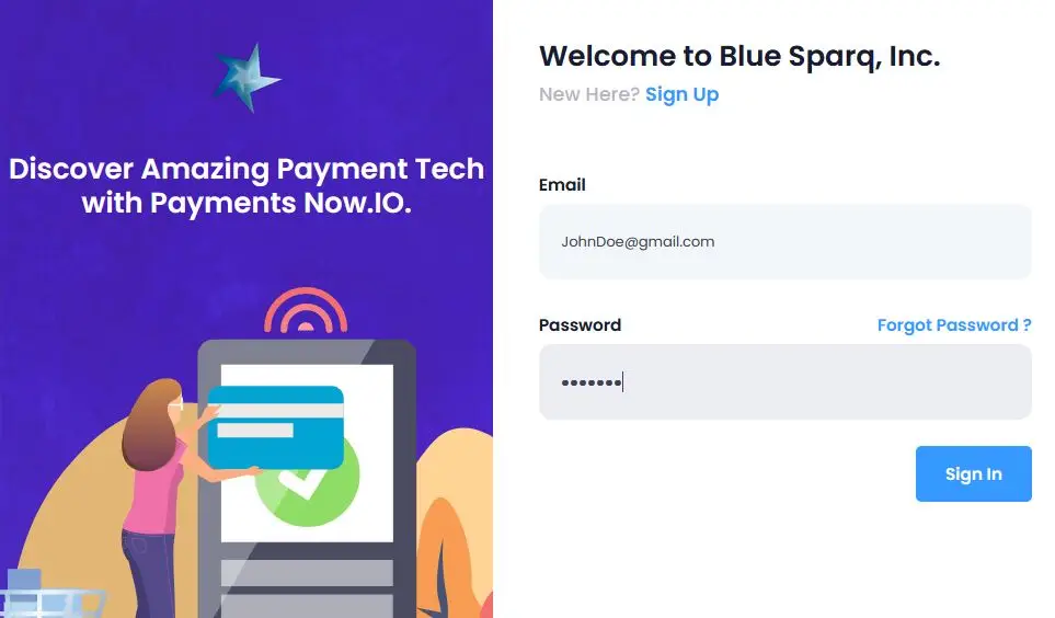 BlueSparq Example IoT device sign in for paymentsnow.io